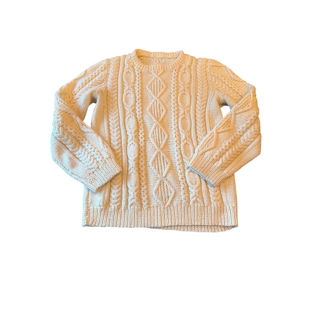 Sweater Ivory Hand Knit Fisherman Aran Cable Knit Wool Blend Crew Neck